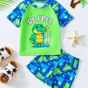 2pcs Cartoon Crocodile Pattern Swimsuit For Boys, T-shirt & Swim Trunks Set, Stretchy Surfing Suit, Boys Swimwear For Summer Beach Vacation